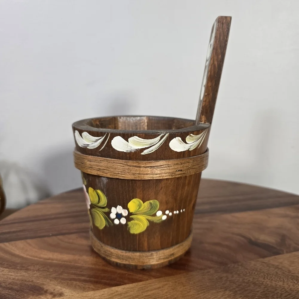 Vintage Handcrafted Small Wooden Pot with Floral Design Scandinavian Antique
